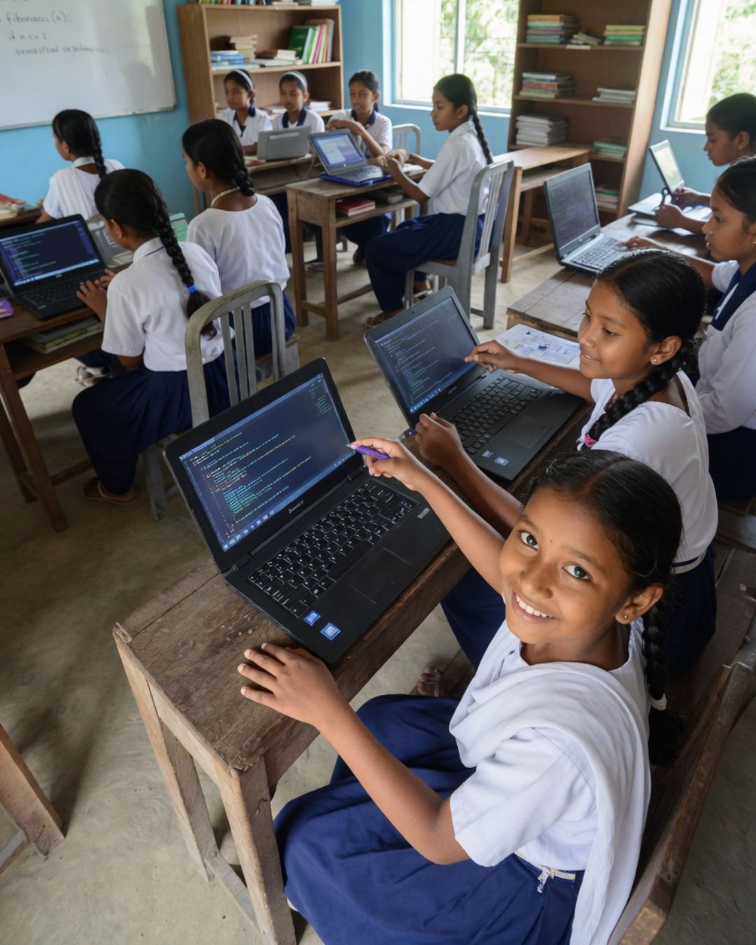 Students in a classroom learning with laptops
